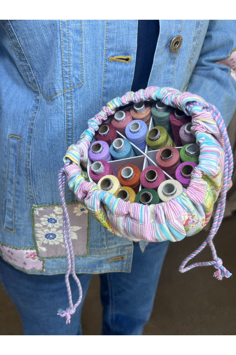 Garden Collage Patchwork Drawstring Sewing Bag + 20 Spools of Thread, Alternate, color, Green