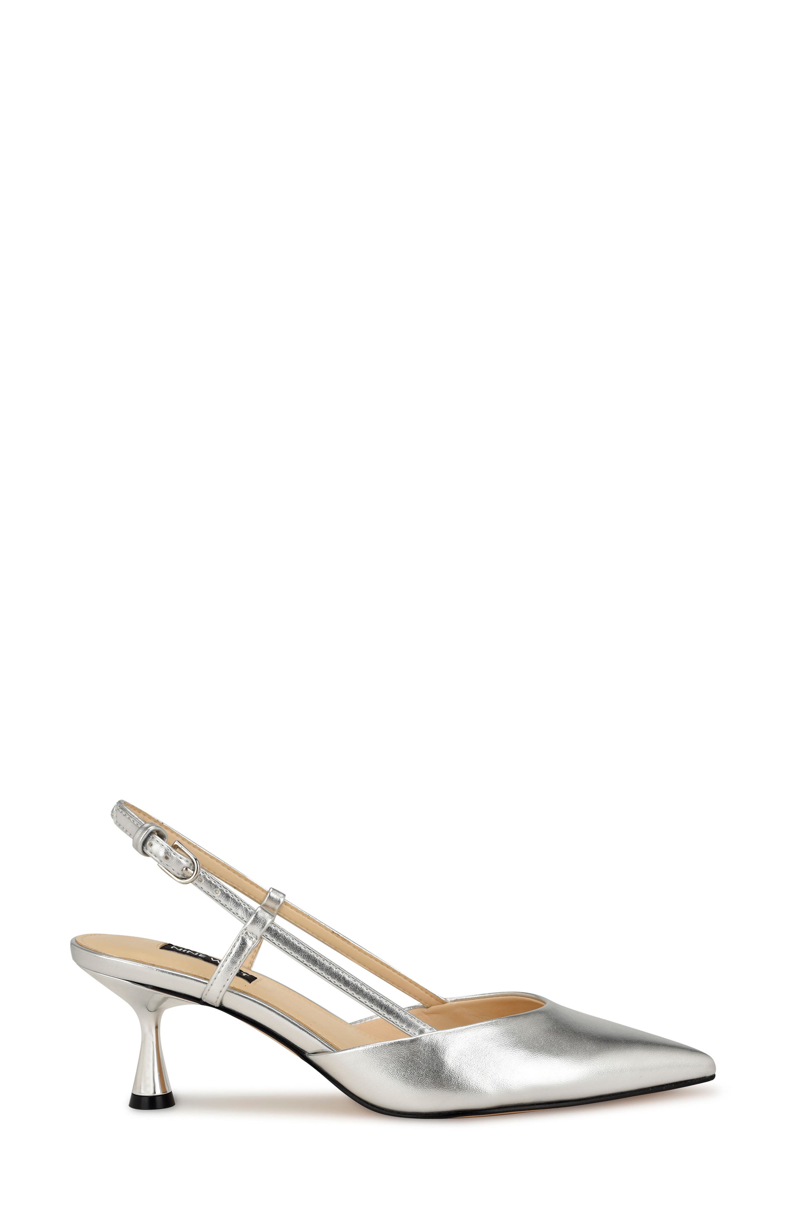 Nine West Rhonda Slingback Pointed Toe Kitten Heel Pump, Alternate, color, Silver