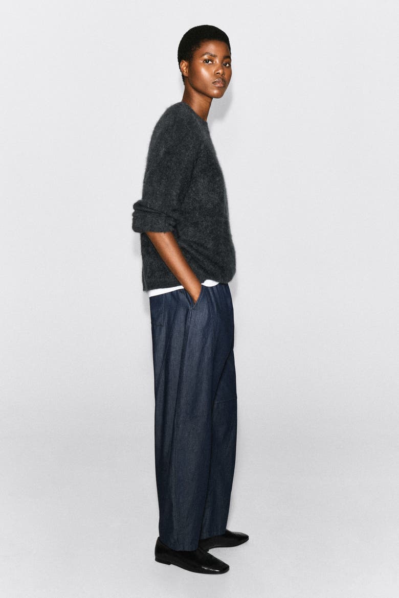 Elasticated Barrel-Leg Denim Pants, Alternate, color, DARK BLUE