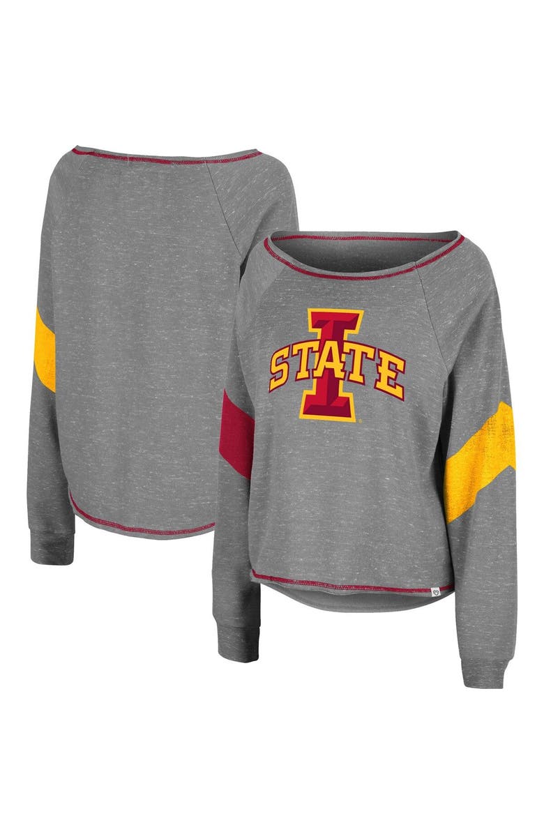 COLOSSEUM Women's Colosseum Heather Gray Iowa State Cyclones Amped Chevron Stripe Raglan Boat Neck Pullover Sweatshirt, Alternate, color,