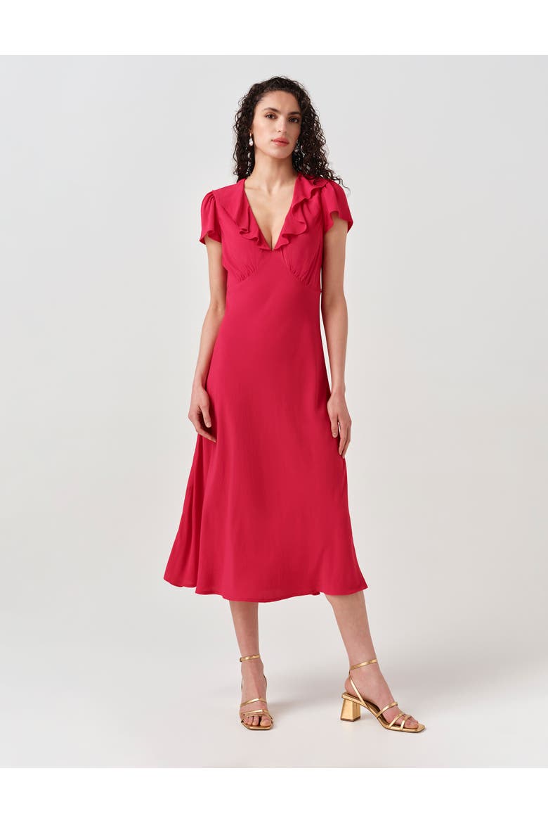 Kimmy Frill Neck Crepe Midi Dress, Alternate, color, Hot Pink