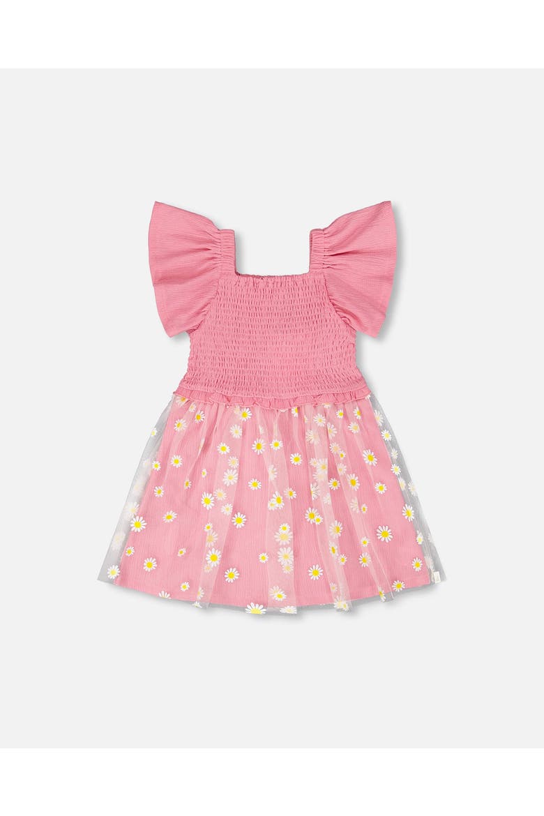 Mesh and Crinkle Jersey Smocking Dress, Main, color, Pink