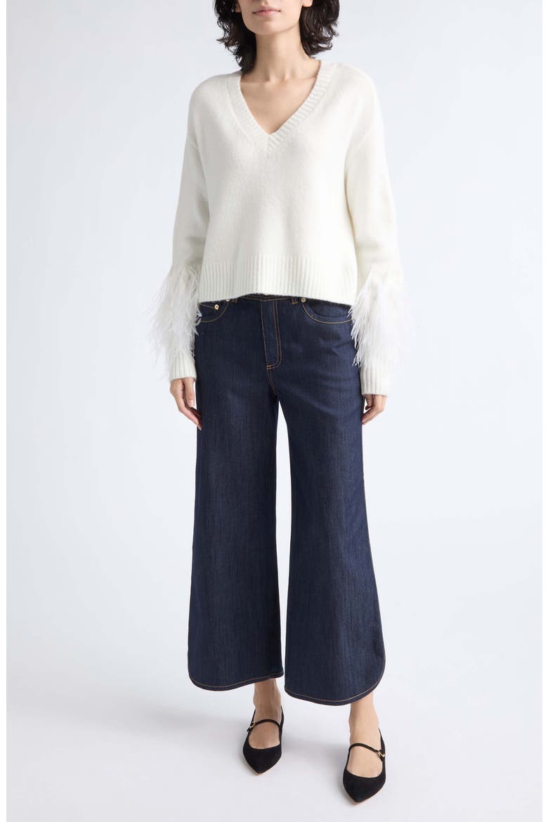 Brianne Ostrich Feather Cuff V-Neck Sweater, Alternate, color, IVORY