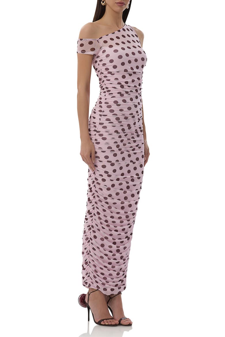 Biona Printed One-Shoulder Ruched Mesh Maxi Dress, Alternate, color, ROSE DOT