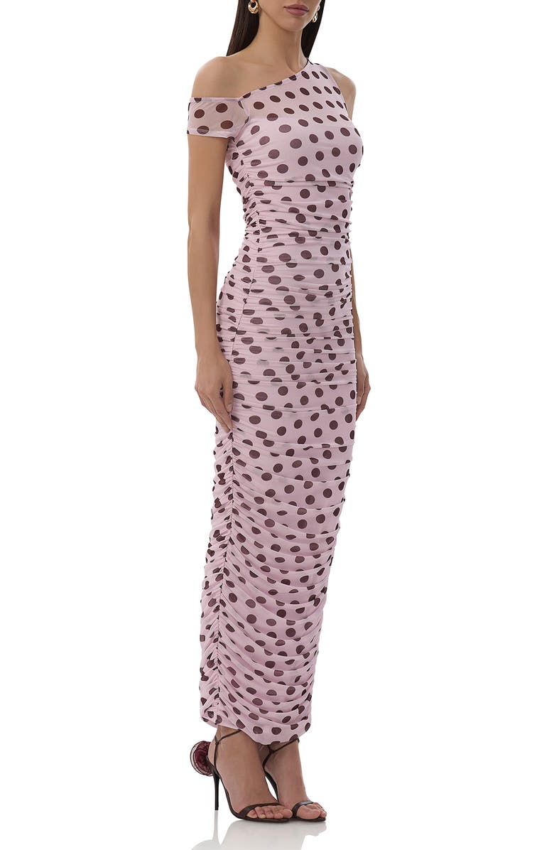 AFRM Biona Printed One-Shoulder Ruched Mesh Maxi Dress, Alternate, color, Rose Dot