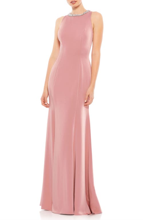 Mac Duggal Embellished Neck Trumpet Gown In Rose Pink