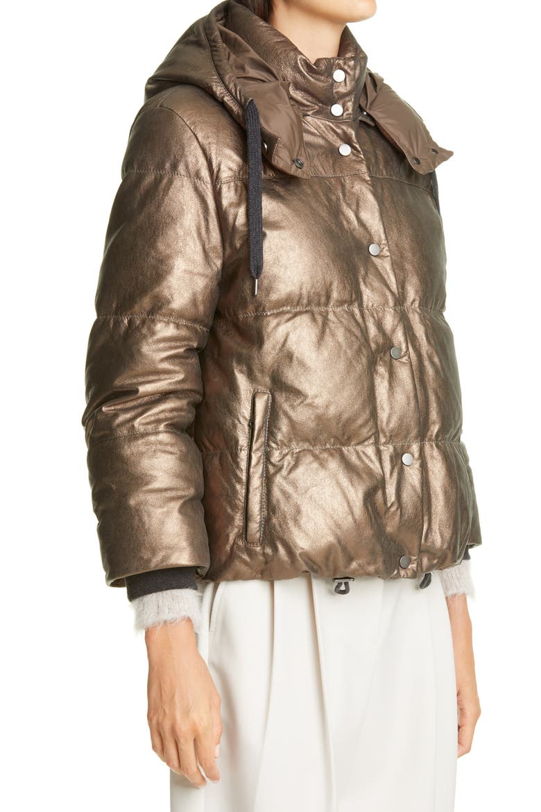 Metallic Suede Hooded Down Puffer Jacket, Alternate, color, BRONZE