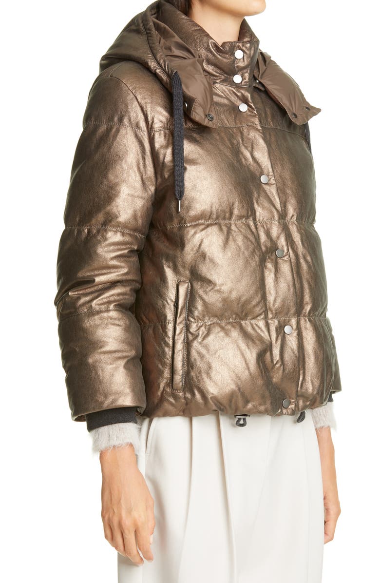 Brunello Cucinelli Metallic Suede Hooded Down Puffer Jacket, Alternate, color,
