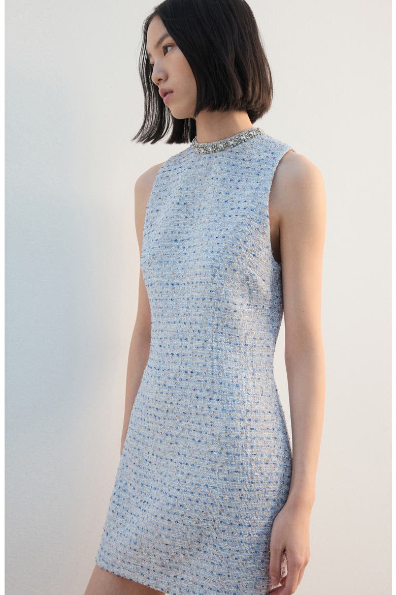 Rhinestone Sleeveless Tweed Dress, Alternate, color, SKY BLUE