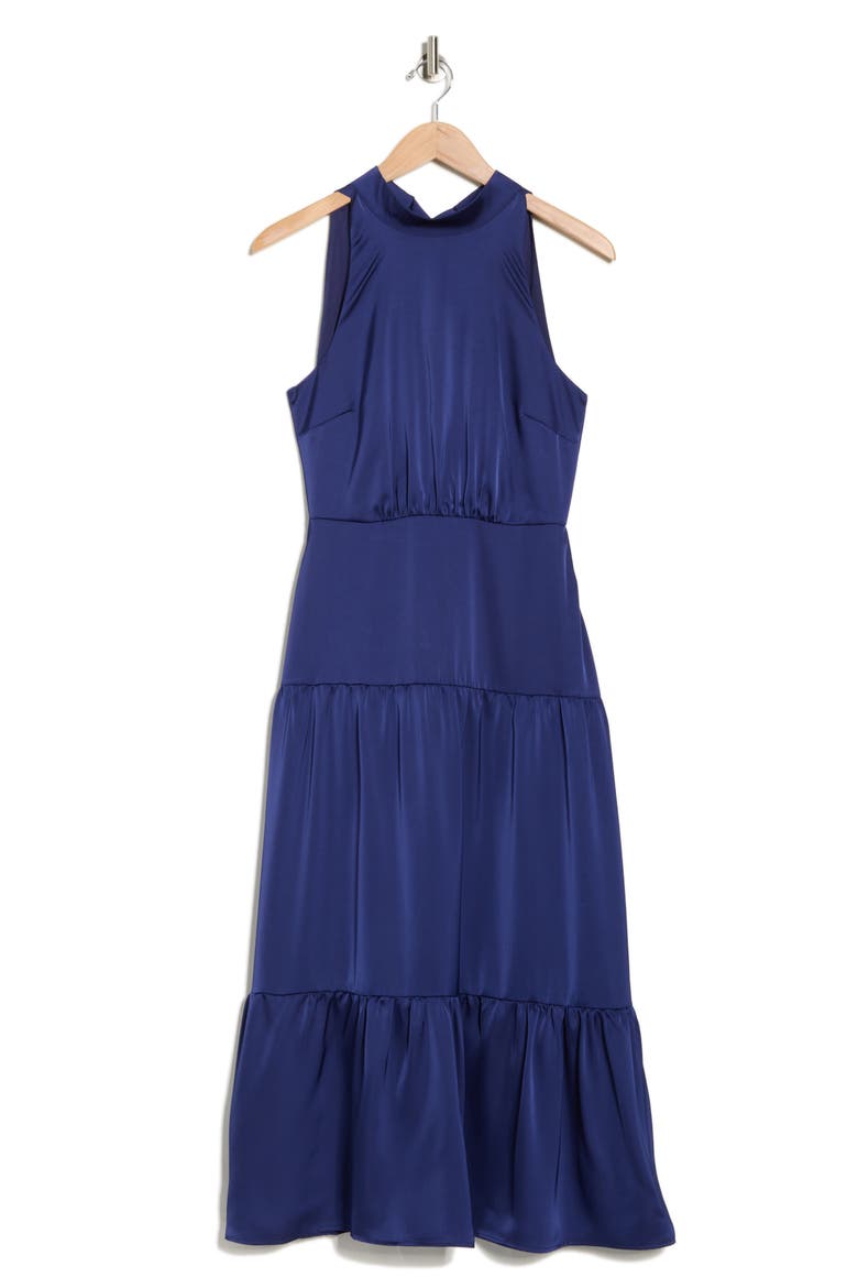 High Neck Fluid Satin Midi Dress, Alternate, color, NAVY