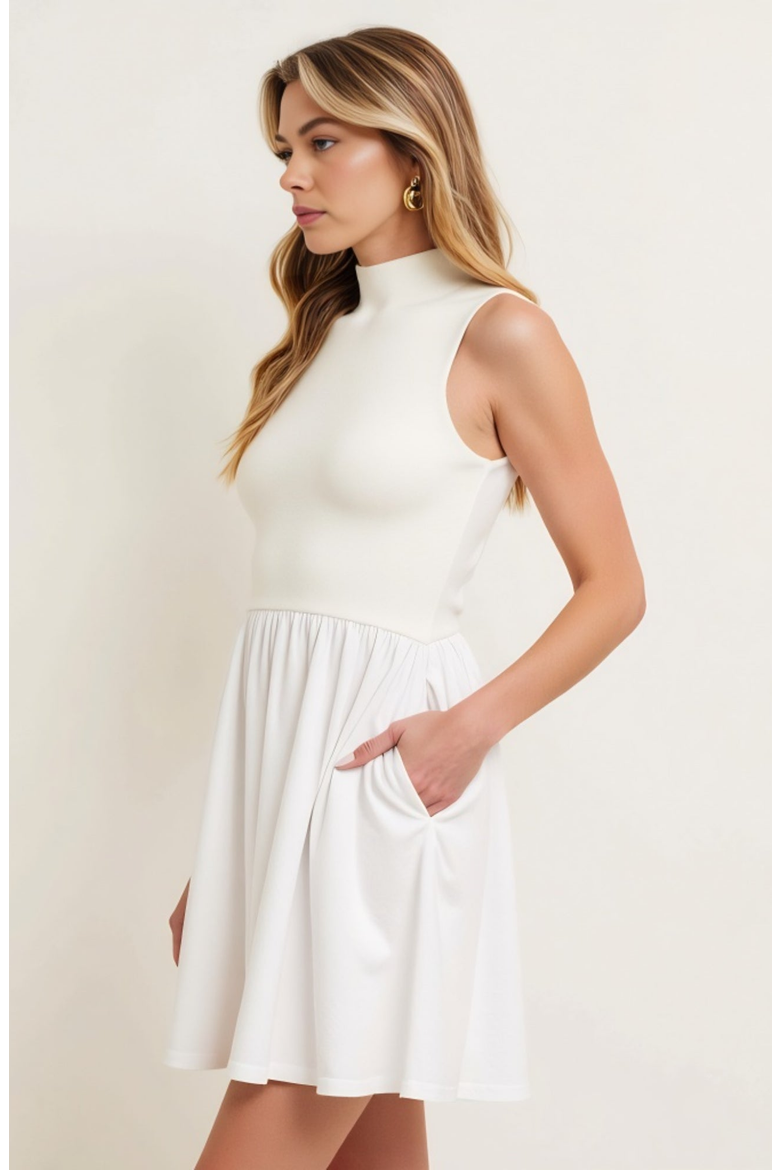 Mock Neck Sleeveless Mini Dress with Gathered Skirt and Pockets, Alternate, color, White