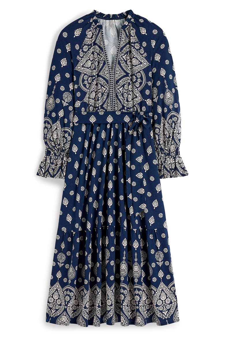 Blouson Tiered Jersey Dress, Alternate, color, FRENCH NAVY, ORNATE GARDENIA