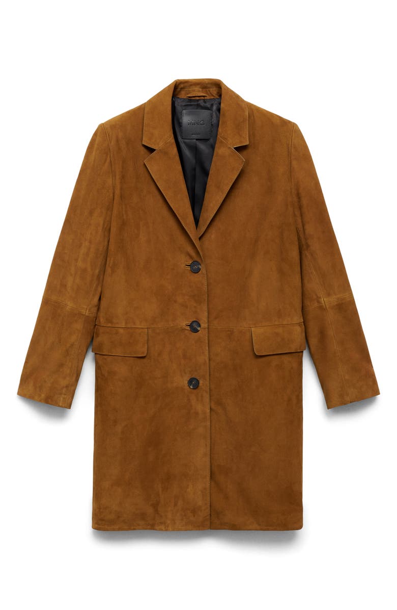 MANGO Notched Lapel Suede Coat, Alternate, color, Medium Brown