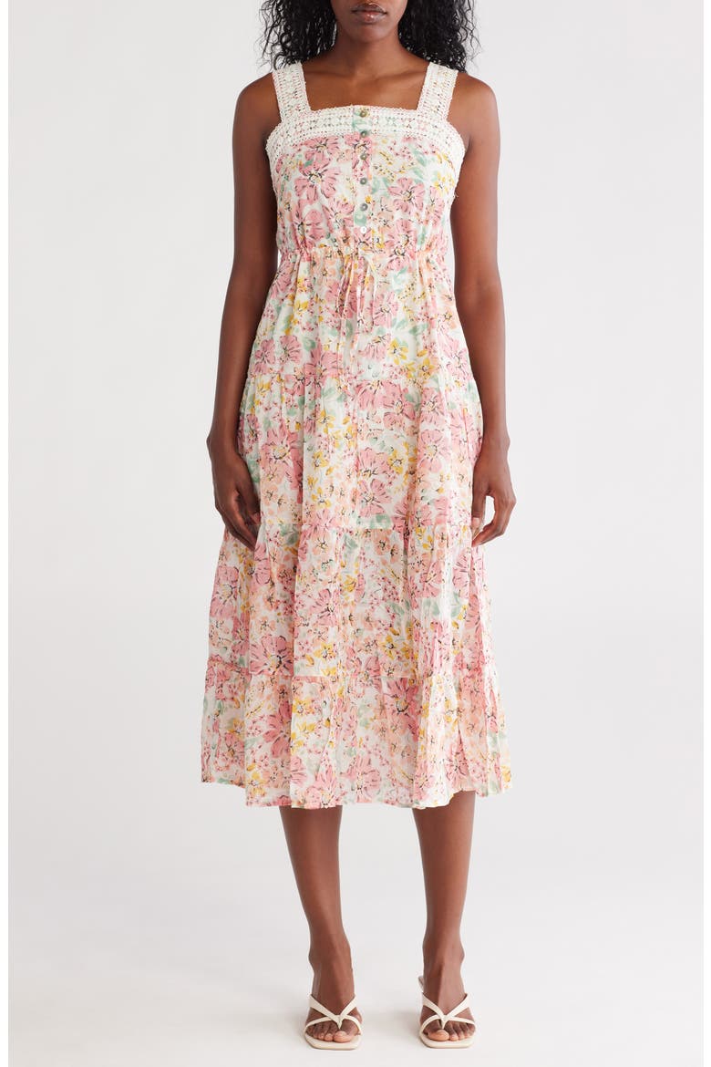 Floral Cotton Tiered Midi Dress, Main, color, NATURAL/ PEACH BLOSSOM