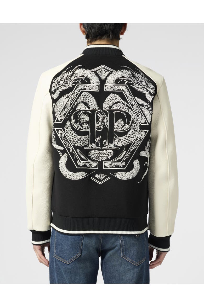 Wool &Amp; Leather Varsity Bomber Jacket Dragons Men, Alternate, color, black/white