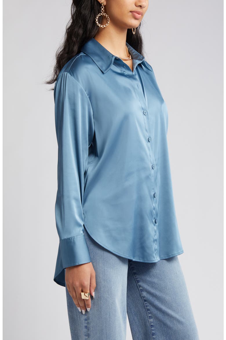 Satin Button-Up Shirt, Alternate, color, BLUE STONE