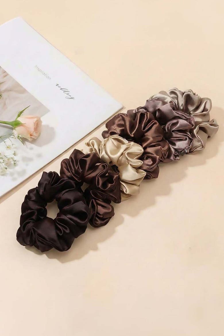 Neutral Silk Satin Scrunchies - Set of 6, Alternate, color, Brown