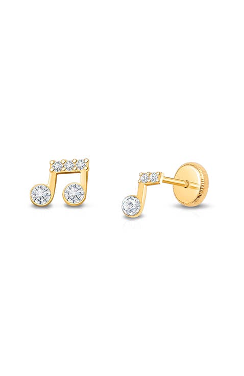 14K Gold Magical Music Notes Studs Screw Back Earrings