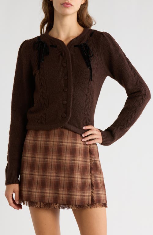 Wayf X Sara Walker Jackie Velvet Bow Cable Stitch Cardigan In Brown