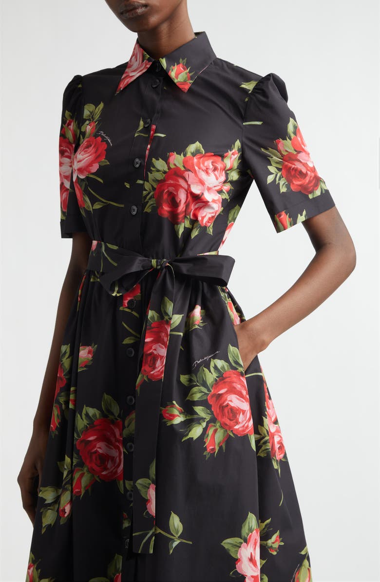 Dolce&Gabbana Rose Print Cotton Poplin Shirtdress, Alternate, color, Bouquet Rose F.nero