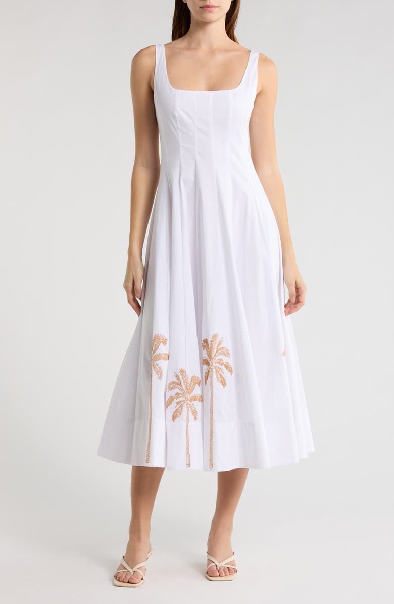 STAUD Wells Sleeveless Midi Sundress, Main, color, White Embroidered
