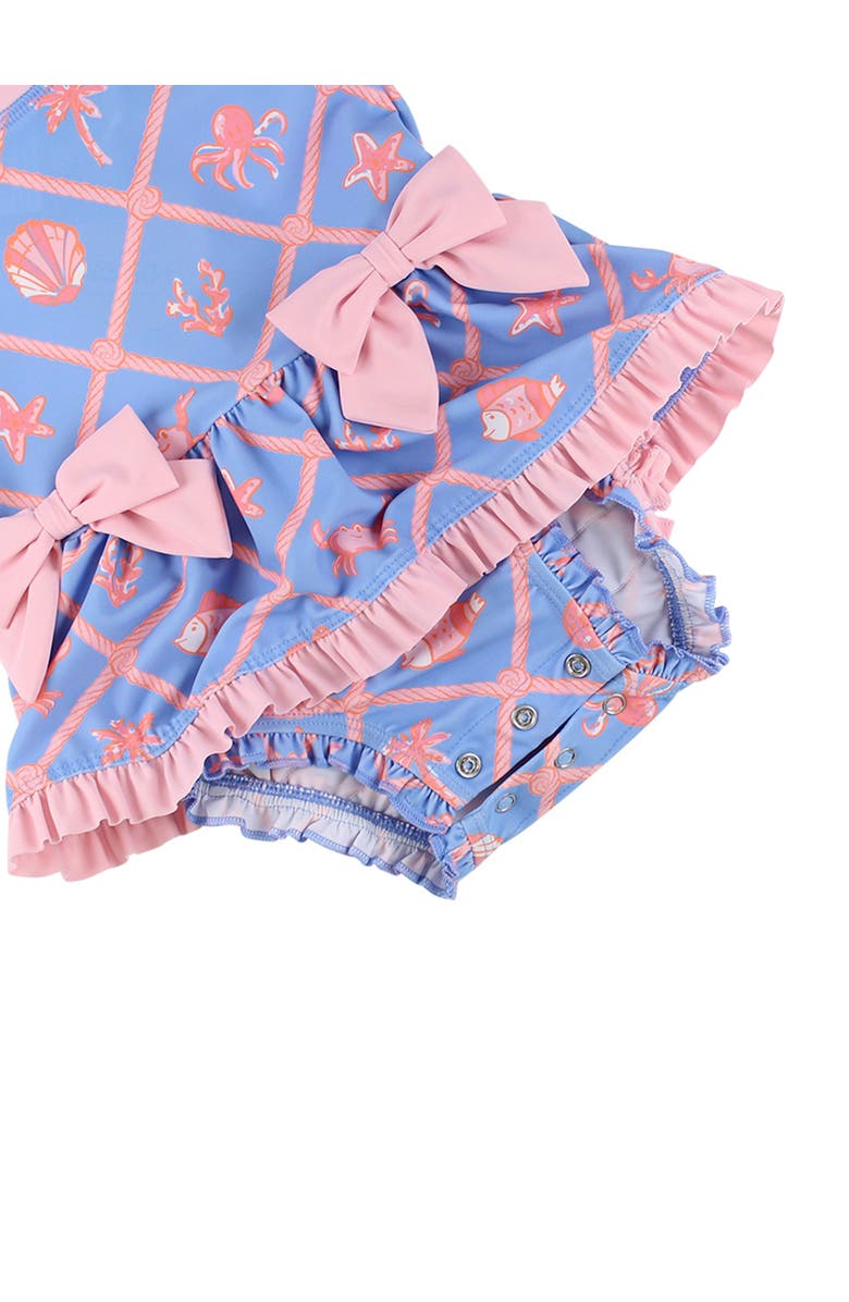 RuffleButts UPF50+ Long Sleeve One Piece Bow Peplum Rash Guard Swimsuit, Alternate, color, Tropical Trellis