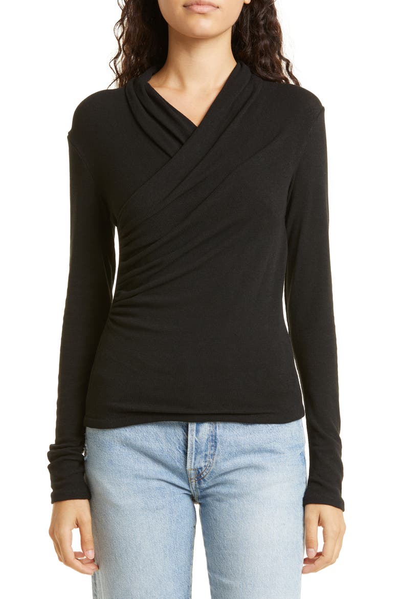 Wrap Front Long Sleeve Knit Top, Main, color, BLACK