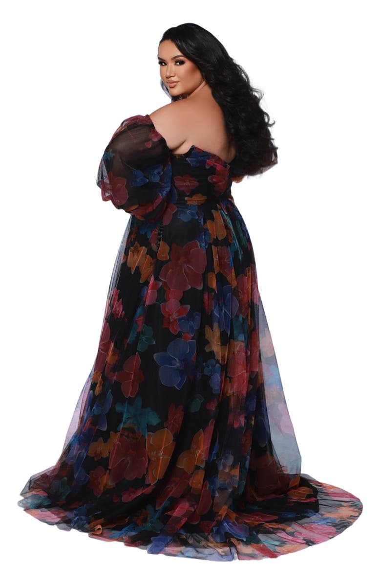 Sydney's Closet Floral Strapless Sweetheart Neckline Plus Size A-Line Gown, Alternate, color, 