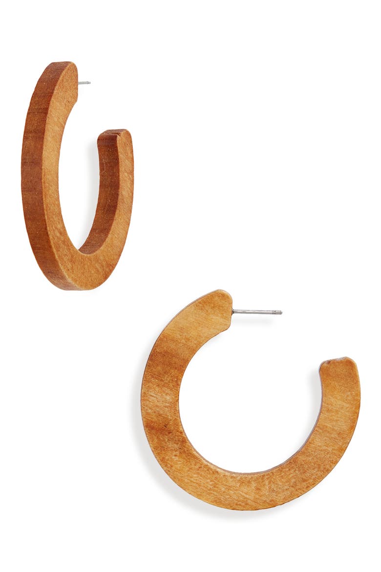 Chunky Wood Hoop Earrings, Main, color, TAN