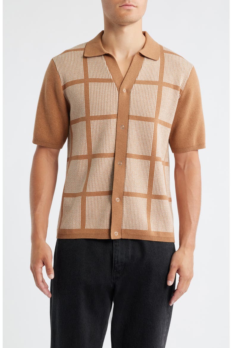 Costa Geo Pattern Short Sleeve Wool & Cotton Cardigan, Main, color, TOBACCO