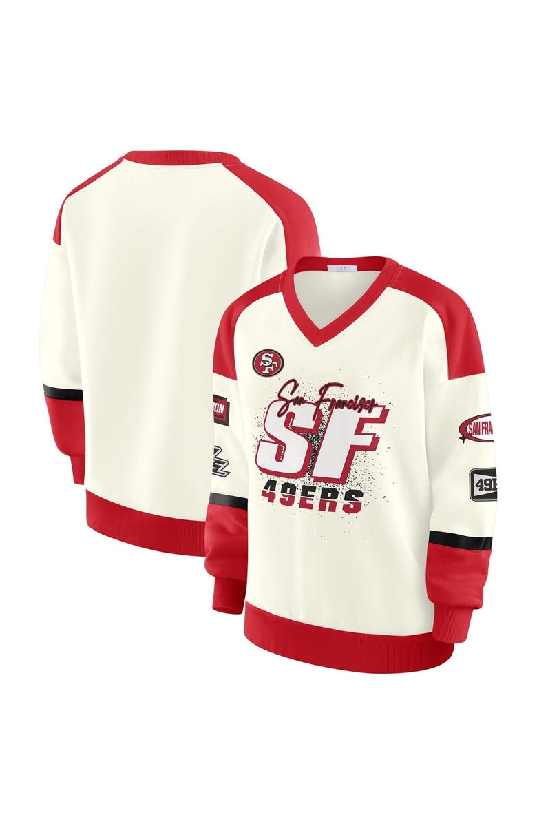 WEAR by Erin Andrews Women's WEAR by Erin Andrews Cream San Francisco 49ers Racing Crew V-Neck Sweatshirt, Main, color, Cream