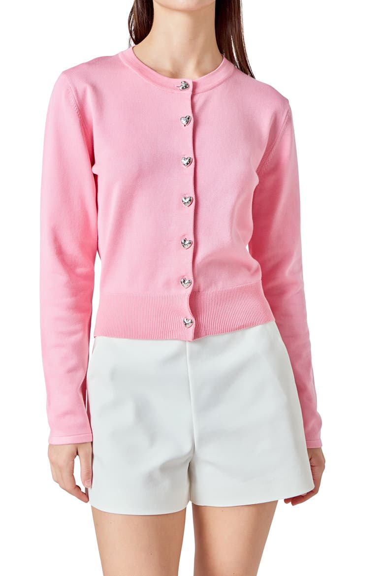 Heart Button Cotton Cardigan, Alternate, color, PINK