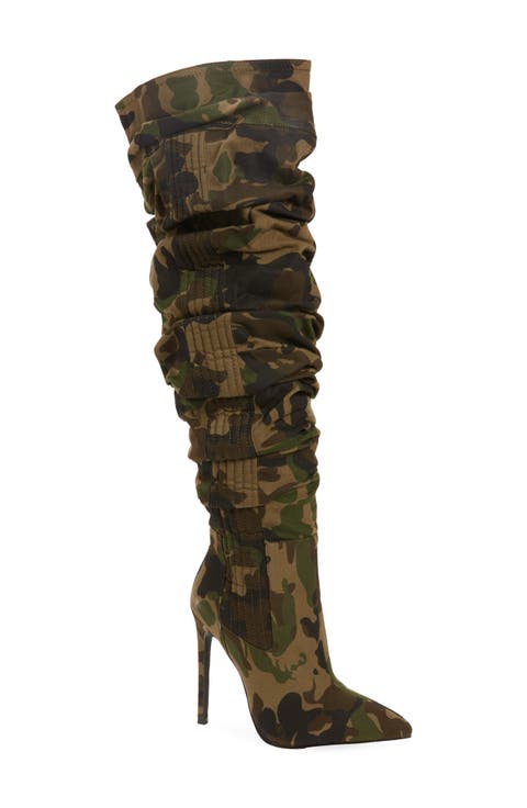 Greer Slouchy Camo Pointed Toe Knee High Boot (Women)