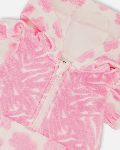 Deux Par Deux Baby Girl's Printed Terry Romper With Hood Vibrant Pink And White In Vibrant Pink And White