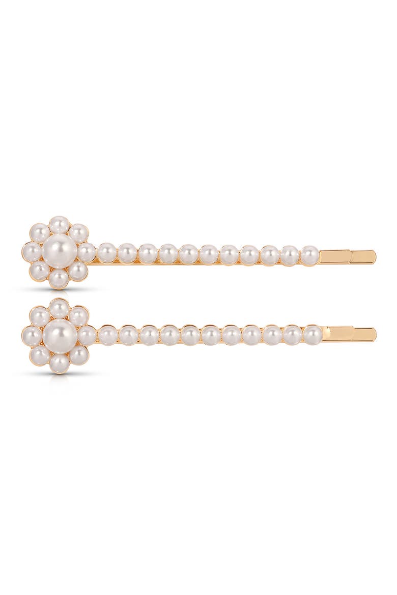 Faux Pearl Flower Set of 2 Hair Pins, Main, color, GOLD