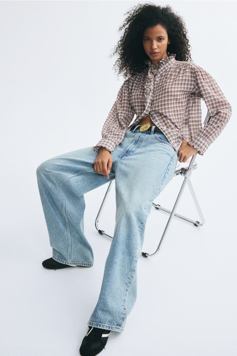 Ruffle-Trimmed Blouse, Alternate, color, Cream/checked