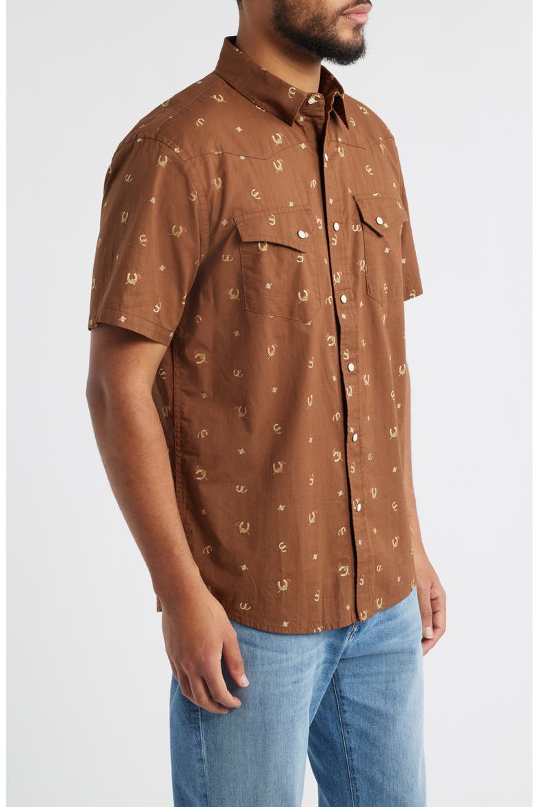 Laramie Horseshoe Print Short Sleeve Snap-Up Western Shirt, Alternate, color, HORSESHOE BROWN