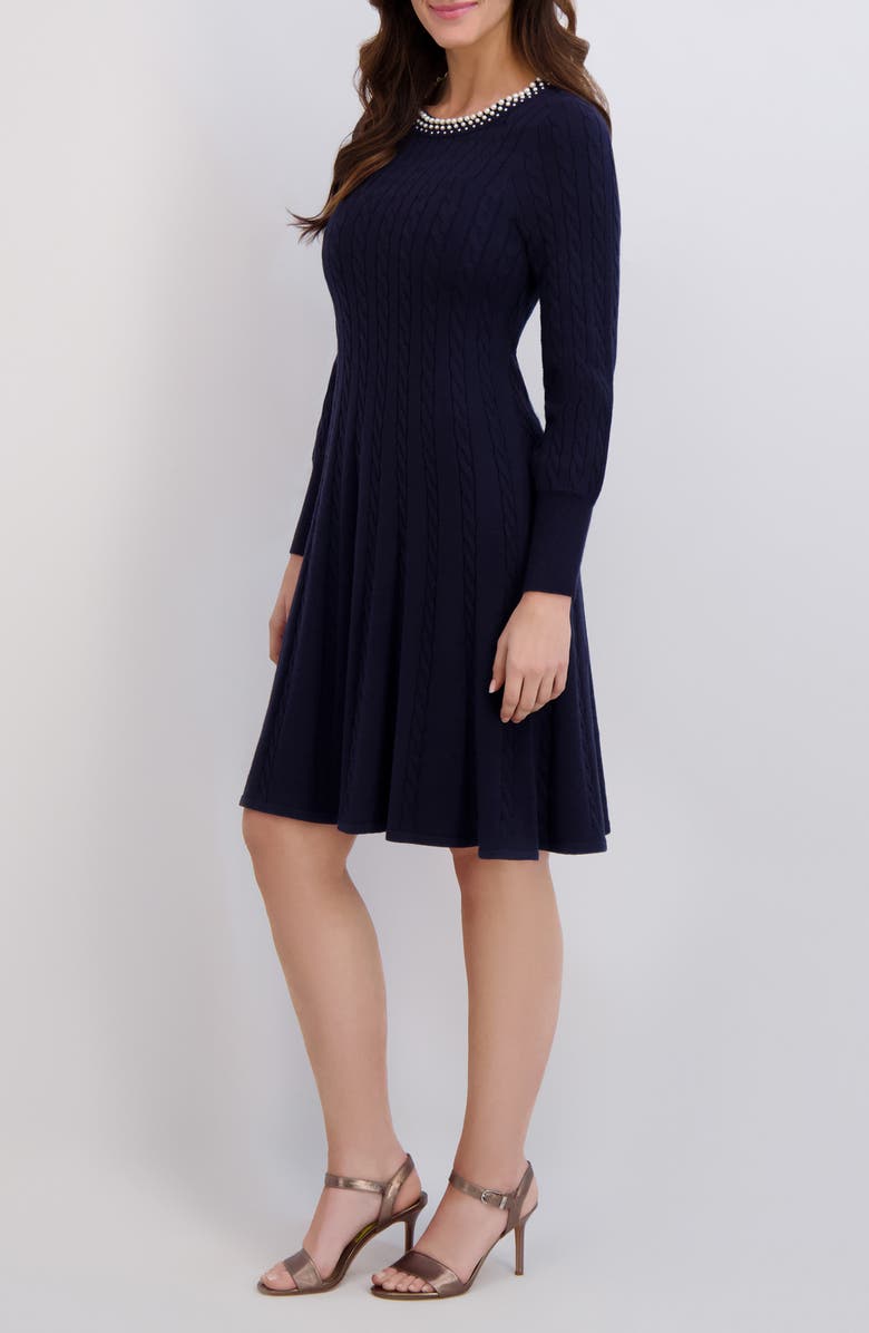 London Times Faux Pearl Neck Cable Stitch Fit & Flare Dress, Alternate, color, Navy