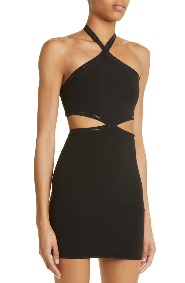 Alexander Wang Crisscross Logo Tape Cutout Halter Neck Body-Con Dress, Alternate, color, 