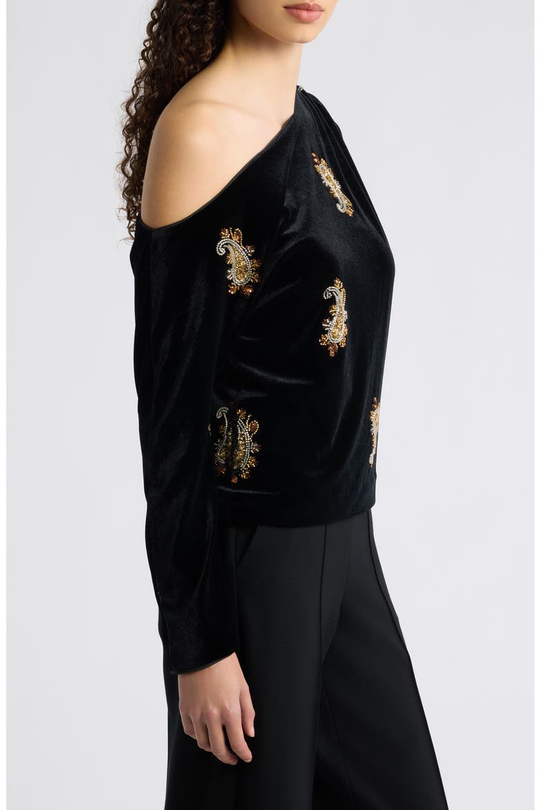 The Vani One Shoulder Velvet Top, Alternate, color, NOIR/ BRONZE GOLD