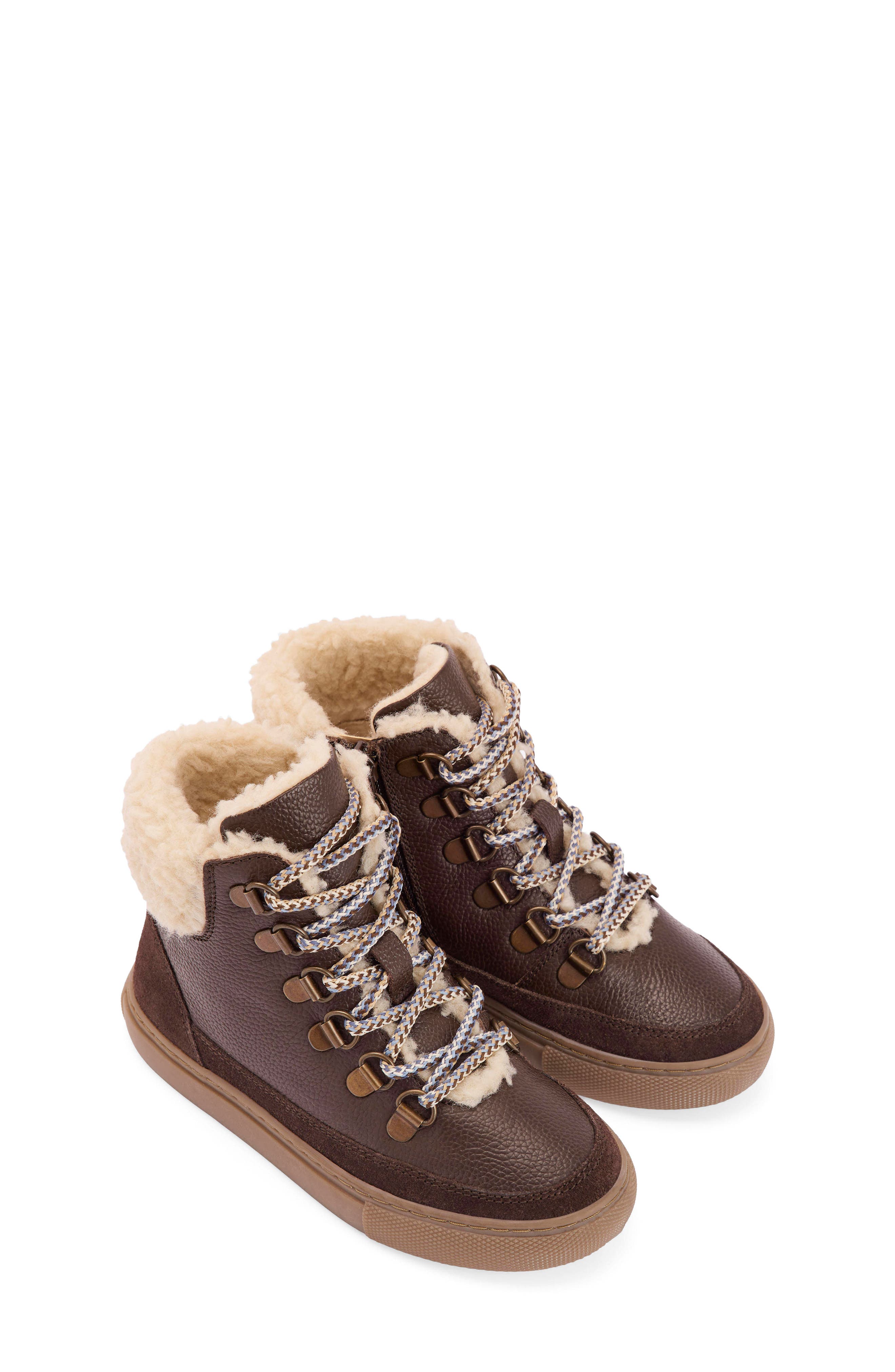 Boden Kids' Borg Faux Fur Lined Lace-Up Boot, Main, color, Brown