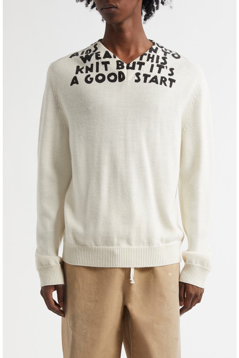 Virgin Wool Blend V-Neck Sweater, Main, color, OFF WHITE-BLACK