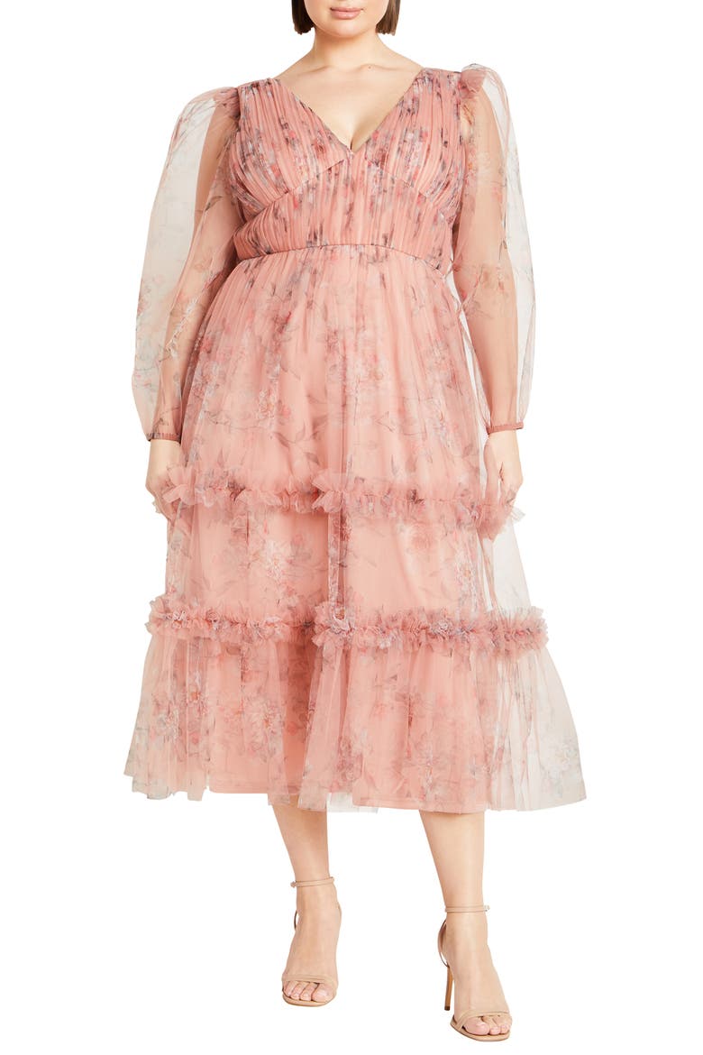 Kitty Long Sleeve Tulle Maxi Dress, Main, color, POSIE FL BLK