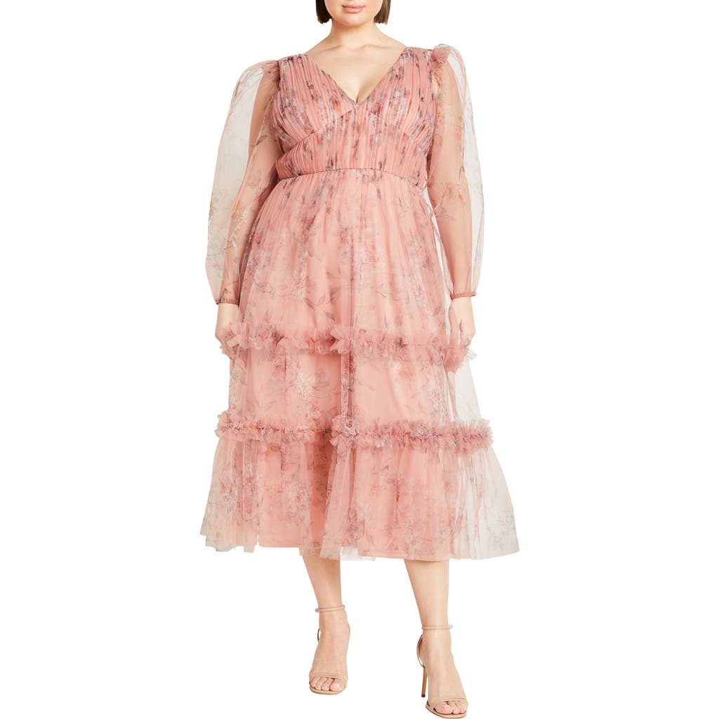 City Chic Kitty Long Sleeve Tulle Maxi Dress In Posie Floral Black