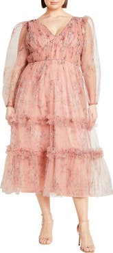 City Chic Kitty Long Sleeve Tulle Maxi Dress