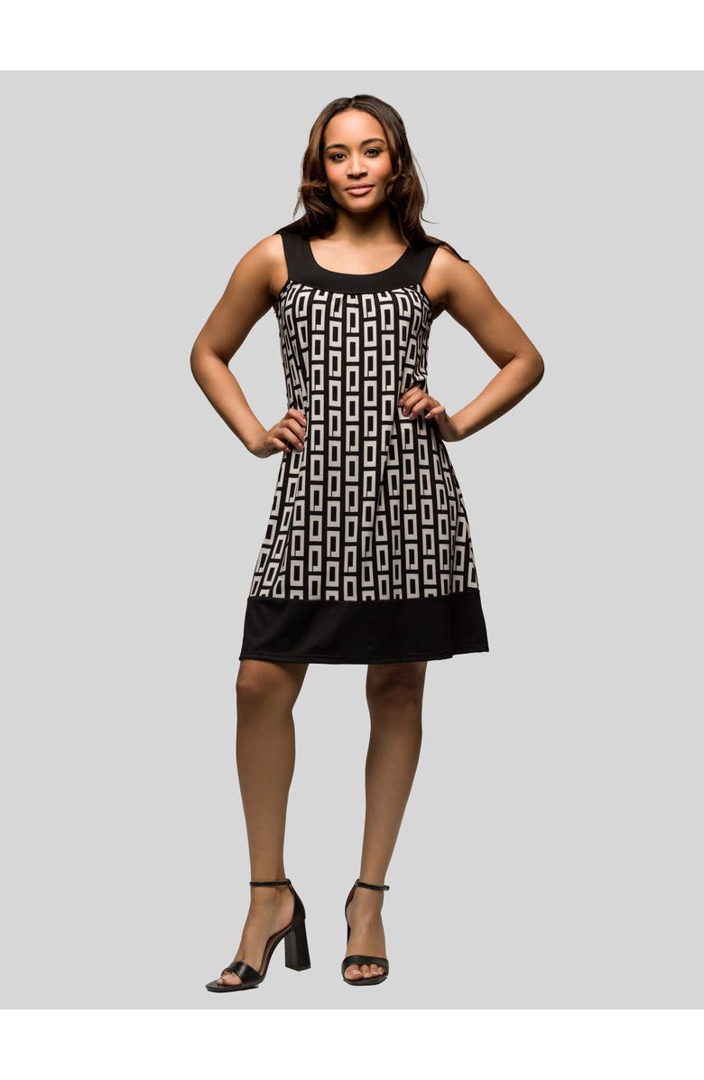 24seven Comfort Apparel Black and White Scoop Neck Sleeveless Knee Length Dress, Main, color, Black Multi