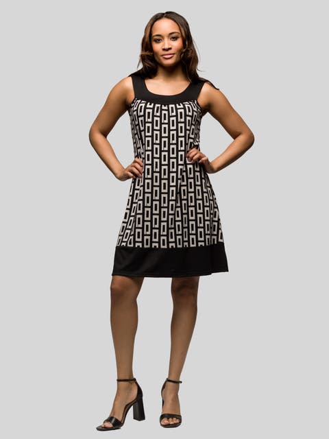 Black and White Scoop Neck Sleeveless Knee Length Dress