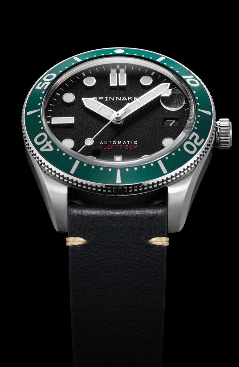 SPINNAKER Croft Midsize Automatic Leather Strap Watch, 40mm, Alternate, color, Black