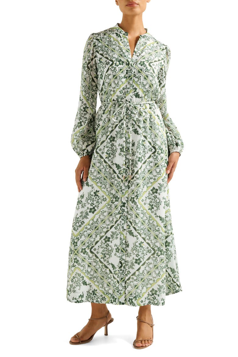 Penelope Printed Long Sleeve Maxi Shirtdress, Main, color, GREEN PENOLA TILE