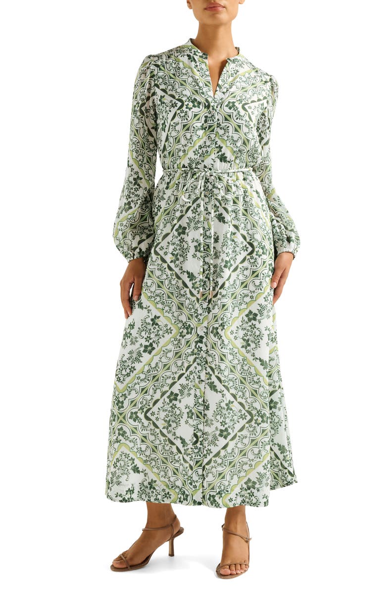 Ever New Penelope Printed Long Sleeve Maxi Shirtdress, Main, color, Green Penola Tile